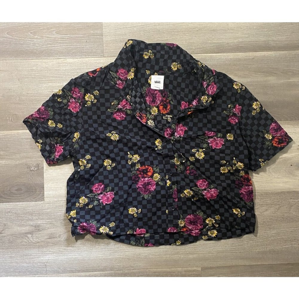 Vans Black Floral Plaid Button Down Short Sleeve Shirt Top Womens Size Medium M